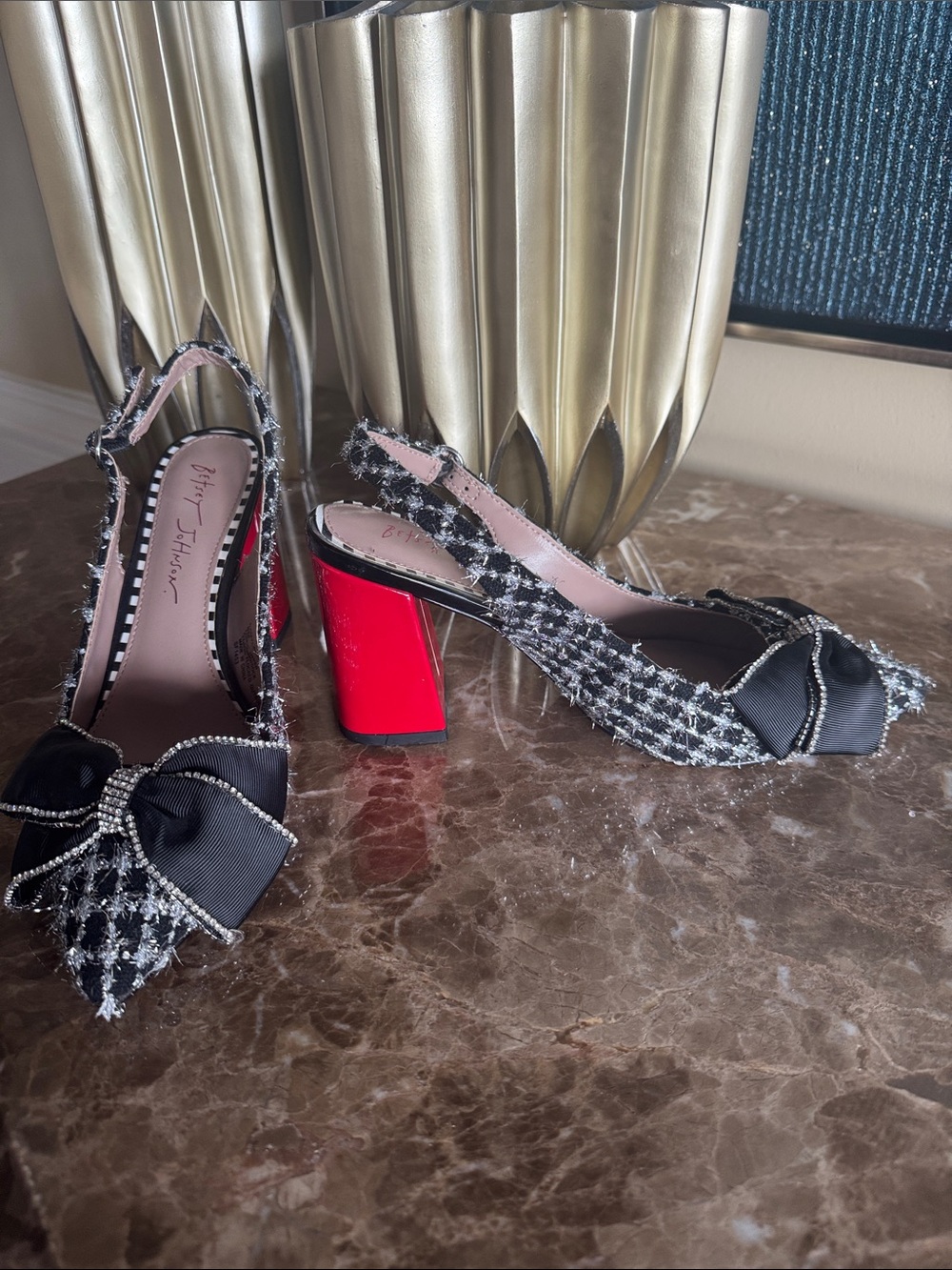 Betsey Johnson Black Bow Pointed Slingback Heels with Rhinestone Trim - Picture 2 of 5